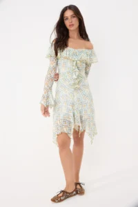 Siedres x Trendyolmilla Multicolored Printed A-line/Life Form Carmen Collar Frilly Midi Knitting Dress