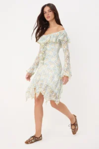 Siedres x Trendyolmilla Multicolored Printed A-line/Life Form Carmen Collar Frilly Midi Knitting Dress - Image 2