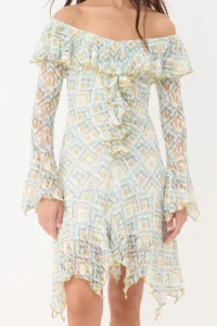 Siedres x Trendyolmilla Multicolored Printed A-line/Life Form Carmen Collar Frilly Midi Knitting Dress - Image 3