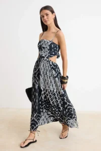 TRENDYOLMİLLA Multicolored Geometric Patterned Lined Siphon Maxi Weaving Dress