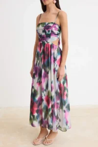 TRENDYOLMİLLA Pink-Multicolored Floral Lined Siphon Maxi Weaving Dress
