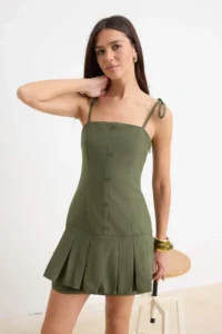 TRENDYOLMİLLA Khaki Plain Short / Mini Weaving Dress - Image 2
