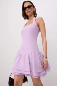 TRENDYOLMİLLA Lilac with flywheel Frilly Poplin Short / Mini Weaving Dress - Image 2