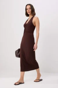 TRENDYOLMİLLA Brown Plain bodycon Barbell Neck Sleeveless Midi Lined Knitting Dress