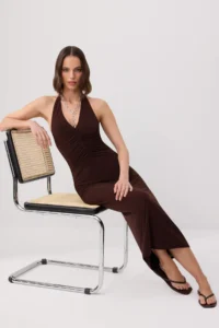 TRENDYOLMİLLA Brown Plain bodycon Barbell Neck Sleeveless Midi Lined Knitting Dress - Image 2