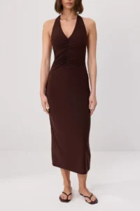 TRENDYOLMİLLA Brown Plain bodycon Barbell Neck Sleeveless Midi Lined Knitting Dress - Image 3