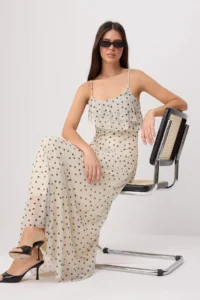 TRENDYOLMİLLA Ecru Polka Dot A-Pattern/Life Form Thin Sleeveless with flywheel/Frilly Maxi Knitting Dress - Image 3