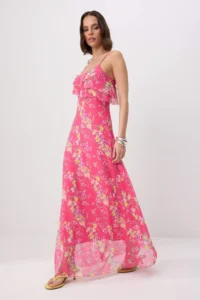TRENDYOLMİLLA Fuchsia Printed A-Pattern/Life Form Thin Sleeveless with flywheel/Frilly Maxi Knitting Dress