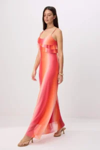 TRENDYOLMİLLA Orange Printed A-Pattern/Life Form Thin Sleeveless with flywheel/Frilly Maxi Knitting Dress