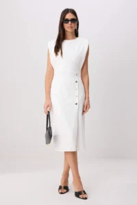 TRENDYOLMİLLA Ecru Button Detailed padded Midi Weaving Dress