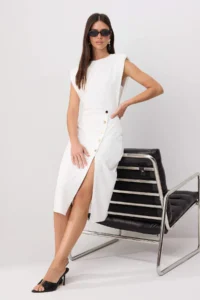 TRENDYOLMİLLA Ecru Button Detailed padded Midi Weaving Dress - Image 2