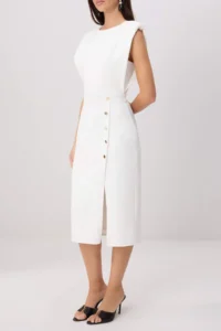 TRENDYOLMİLLA Ecru Button Detailed padded Midi Weaving Dress - Image 3