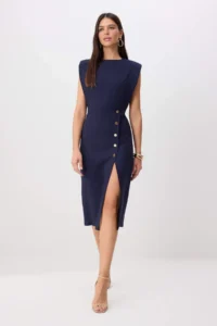 TRENDYOLMİLLA Navy Blue Button Detailed padded Midi Weaving Dress