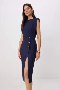 TRENDYOLMİLLA Navy Blue Button Detailed padded Midi Weaving Dress - Image 2