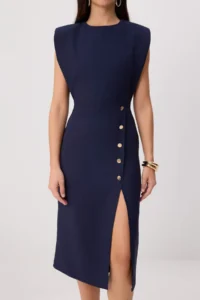 TRENDYOLMİLLA Navy Blue Button Detailed padded Midi Weaving Dress - Image 3