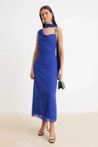 TRENDYOLMİLLA Saks Blue Siphon Lined Maxi Weaving Dress
