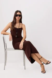 TRENDYOLMİLLA Brown Plain bodycon/Fitting Thin Sleeveless Maxi Knitting Dress