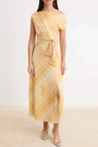 TRENDYOLMİLLA Yellow Plaid/Checkered Aline/Life Form Accessory Detailed Tulle Maxi Knitting Dress - Image 3