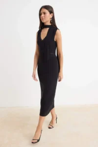 TRENDYOLMİLLA Black Plain A-line/Life Form V-neck Shawl Detailed Midi Knitting Dress