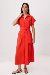 TRENDYOLMİLLA Red Shirt Collar Sash Detailed Weaving Midi Dress