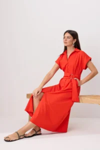 TRENDYOLMİLLA Red Shirt Collar Sash Detailed Weaving Midi Dress - Image 2