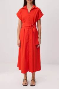 TRENDYOLMİLLA Red Shirt Collar Sash Detailed Weaving Midi Dress - Image 3