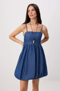 TRENDYOLMİLLA Mavi Balloon Skirt Detailed Short DENIM Dress - Image 2