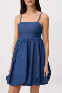 TRENDYOLMİLLA Mavi Balloon Skirt Detailed Short DENIM Dress - Image 3