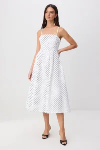 TRENDYOLMİLLA WHITE Puantiye Patterned Midi DENIM Dress