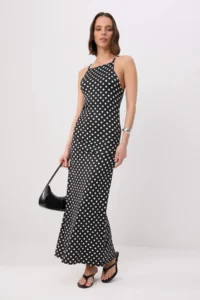 TRENDYOLMİLLA Black Polka Dot Fitted Barbell Collar Shirred Midi Soft Knitting Dress