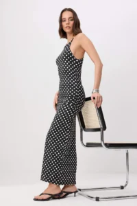 TRENDYOLMİLLA Black Polka Dot Fitted Barbell Collar Shirred Midi Soft Knitting Dress - Image 2