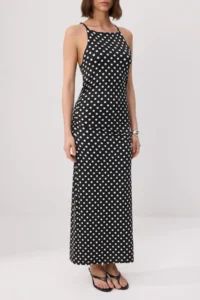 TRENDYOLMİLLA Black Polka Dot Fitted Barbell Collar Shirred Midi Soft Knitting Dress - Image 3