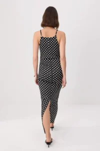 TRENDYOLMİLLA Black Polka Dot Fitted Barbell Collar Shirred Midi Soft Knitting Dress - Image 4