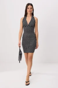 TRENDYOLMİLLA Black Polka Dot bodycon/Fitting Barbell Neck Flexible Knitting Dress - Image 2