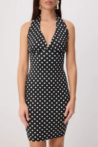 TRENDYOLMİLLA Black Polka Dot bodycon/Fitting Barbell Neck Flexible Knitting Dress - Image 3