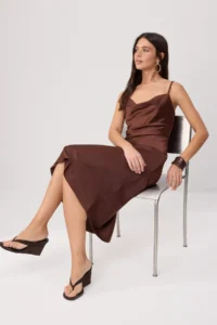 TRENDYOLMİLLA Brown Sleeveless Off-Shoulder Neck Satin Weaving Dress - Image 2