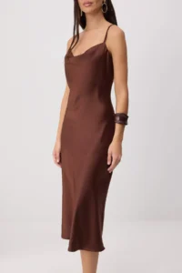 TRENDYOLMİLLA Brown Sleeveless Off-Shoulder Neck Satin Weaving Dress - Image 3