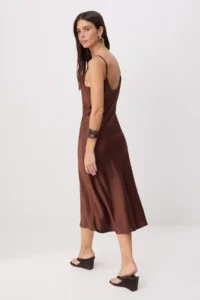TRENDYOLMİLLA Brown Sleeveless Off-Shoulder Neck Satin Weaving Dress - Image 4