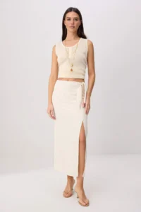 TRENDYOLMİLLA WHITE linen blended Binding and Slit Detailed Weaving Skirt