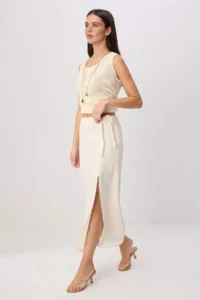 TRENDYOLMİLLA WHITE linen blended Binding and Slit Detailed Weaving Skirt - Image 2