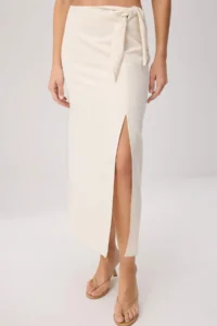 TRENDYOLMİLLA WHITE linen blended Binding and Slit Detailed Weaving Skirt - Image 3