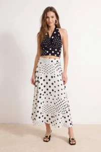 TRENDYOLMİLLA WHITE Black Polka Dot Midi flared Viscose Skirt - Image 2