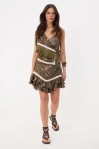 Siedres x Trendyolmilla Khaki Patterned Mini Satin Skirt