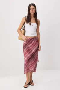TRENDYOLMİLLA Pink Plaid A-line Regular Waist Midi Tulle Knitting Skirt - Image 2