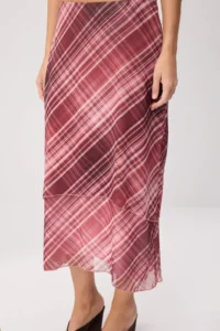 TRENDYOLMİLLA Pink Plaid A-line Regular Waist Midi Tulle Knitting Skirt - Image 3