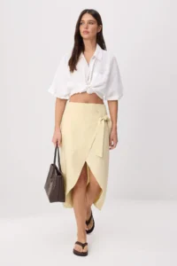 TRENDYOLMİLLA Beige wrap Binding Detailed 100% Linen Midi Size Skirt