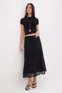 TRENDYOLMİLLA Black A-Pattern/Life Form Lace Detailed Midi Flexible Knitting Skirt - Image 2