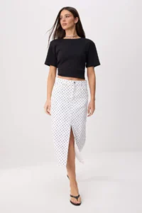 TRENDYOLMİLLA WHITE Puantiyel Patterned slit Midi DENIM Skirt