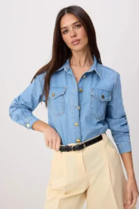 TRENDYOLMİLLA Mavi Button Detailed Basic 100% Cotton DENIM Shirt - Image 2