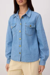 TRENDYOLMİLLA Mavi Button Detailed Basic 100% Cotton DENIM Shirt - Image 3
